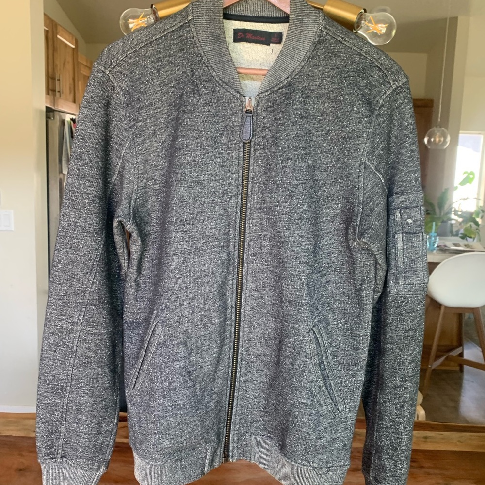 ▶️ Vintage Dr. Martens Bomber Jacket Men’s S 100% Cotton Knit Full Zip Gray RARE